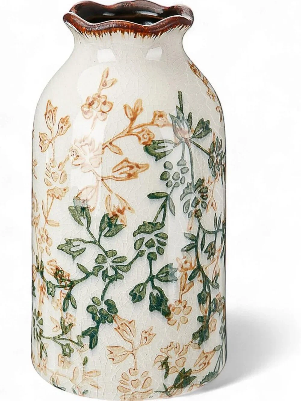 Green Vintage Ceramic Crackle Floral Vase - 5.9 Inch Rustic Farmhouse Decor